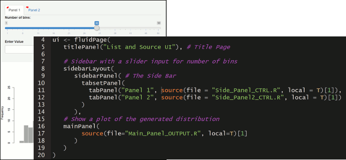Shiny UI tabPanel source list combo example.