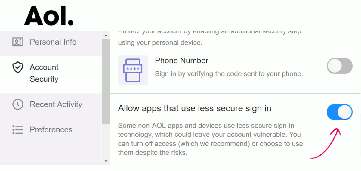 yahoo mail less safe apps security screen